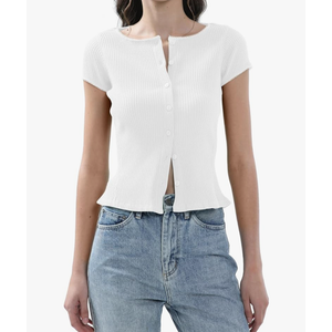 Ribbed Button Down T Shirts for Women Short Sleeve Going Out Tops Cropped Fitted Knit Blouses, Size M