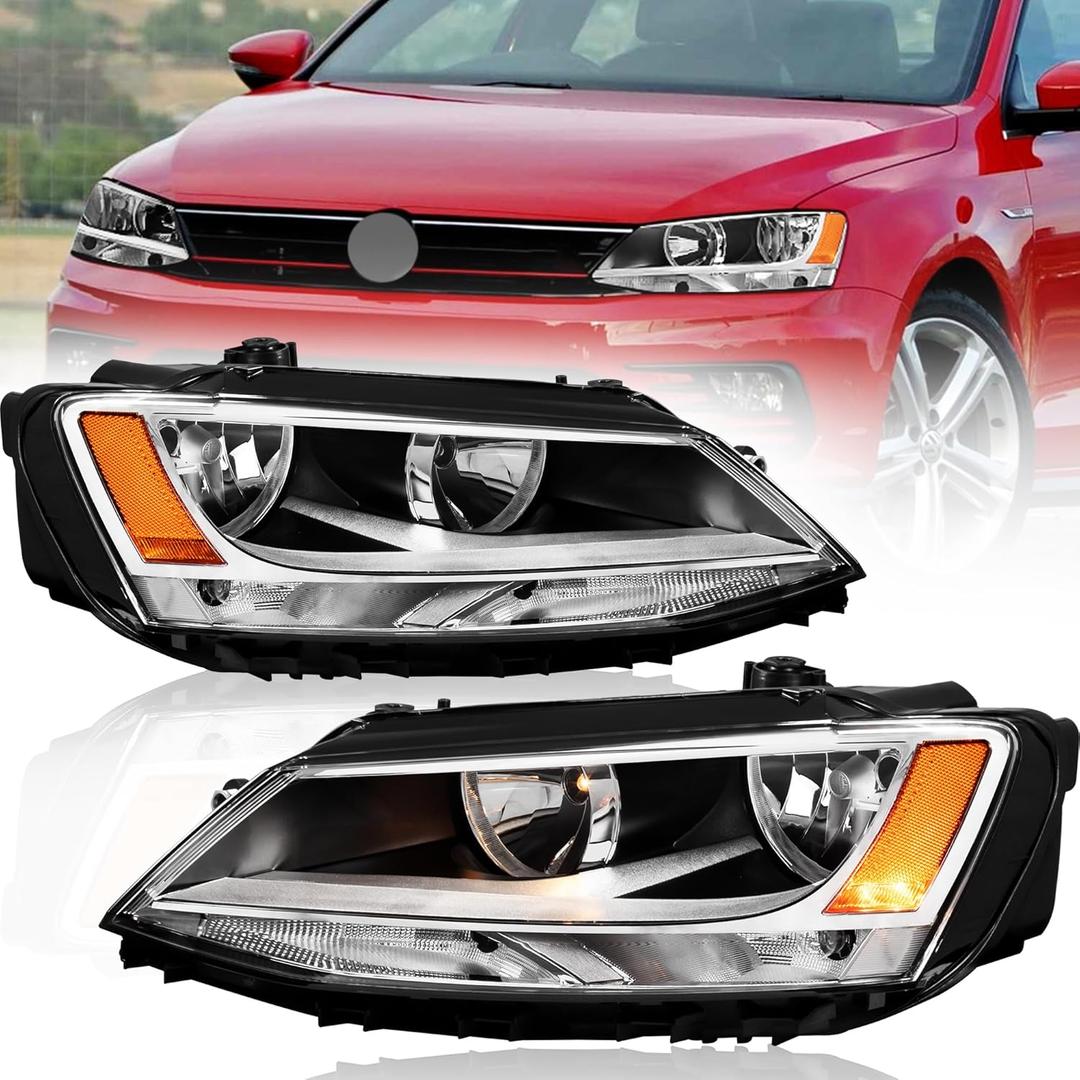 Pair Headlights Assembly OE Replacement Compatible for 2011-2018 Volkswagen Jetta Halogen Clear Lens Chrome Housing Amber Reflector Front Lamps Left and Right Side #5C7941005