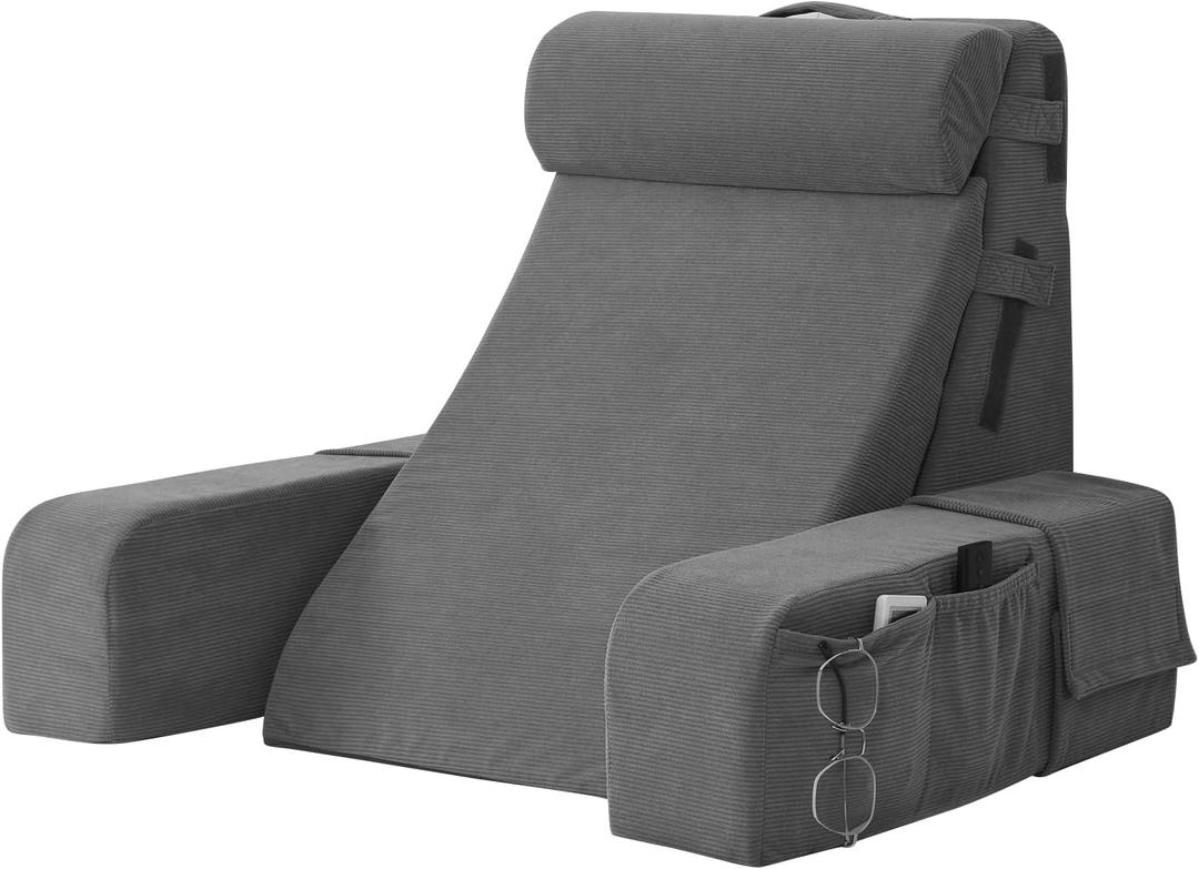 Vekkia Reading Pillow for Sitting in Bed Adults-Adjustable Back Support Sitting Up Pillow with Backrest&Arms,Bed Chair for Gaming,Relaxing,Watching TV on Couch/Floor,Triple Support Foam,21"(Gray)