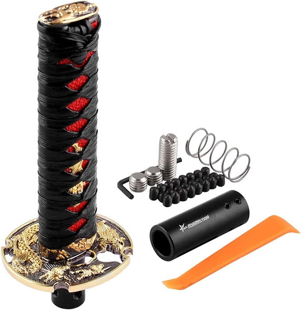 RYANSTAR Samurai Sword Automatic Shift Knob Universal Compatible with Lock/Button Automatic TransmissionCool Katana Gear Shifter Metal Weighted Black&Red