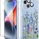GVIEWIN for iPhone 14 Case Floral, with Screen Protector+Camera Lens Protector,[Non Yellowing] Soft Shockproof Clear Phone Protective Cover for Women, Flower Pattern Design 6.1"(Sweet Posy/Blue)