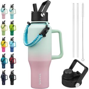 BJPKPK Insulated Water Bottles with Straw Lid, 35oz Metal Water Bottle with 2 lids & Paracord Strap, Double Wall Stainless Steel Tumbler with Handle, Reusable Cups, Mugs, Thermo, Marshmallow