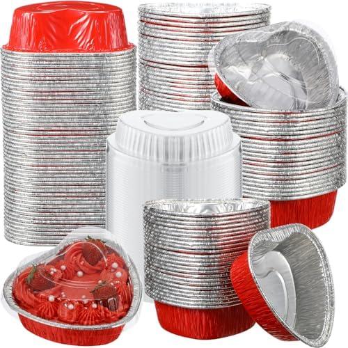 Honeydak 100 Pcs Heart Shaped Cake Pans for Baking with Lids 3.4 oz / 100ML Valentine's Aluminum Foil Cupcake Cups Mini Heart Cake Liners Disposable Baking Tins for Wedding Anniversary Dessert