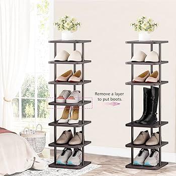 SORCEDAS 7 Tiers Vertical Shoe Rack Wooden Shoe Storage Organizer for Space Saving Narrow Shoe Shelf Storage 7 Pairs for Entryway Living Room Bedroom(Bronze + Rustic Dark Brown)