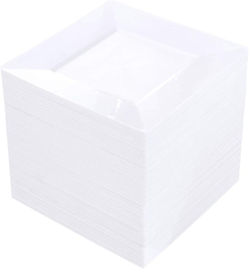 bUCLA 100PCS White Square Plastic Plates-6inch Disposable Cake Plates- Premium Hard Square Small Appetizer Plates for Wedding/Party