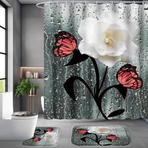 Poedist 4 Pcs Shower Curtain Set, White Gardenia Bathroom Set, Floral Shower Curtain Sets with Rugs(Bath Mat,U Shape and Toilet Lid Cover Mat) and 12 Hooks