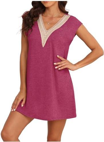 BEKOFO Womens Nightgowns Sleeveless Lace Sleepwear Pleated Ruffle Sleeve Tank Dress,XXL