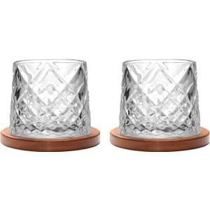 Rotatable Old Fashioned Glass Cup, 275ml/10oz Crystal Whiskey Glass Set of 2, Wood Coaster, Thickening, Used as Rum Glass Cup, Cocktail, Coffee, Milk to Relax and Reduce Stress, Christmas gifts (Clear Diamond Style)