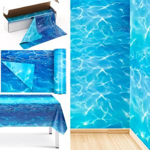 Oudain 1 Roll 1181 x 59 Inch Under The sea Tablecloth Ocean Wave Table Cover Plastic Ocean Backdrop Classroom Decor Blue Bulletin Board for Mermaid Pool Beach Birthday Party Decoration