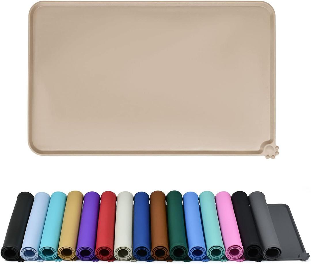 Waterproof Pet Feeding Mat with High Raised Edges, Heavier and Thicker Placemats for Cat Dog Water Bowl with BPA Free, Dogs Cats Food Mats for Messy Drinkers to Prevent Spill and Protect Floors (24" x 16", Taupe)