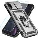 SunStory Compatible with iPhone XR Case with HD Screen Protector & Slide Camera Cover & Rotated Ring Kickstand, [Military-Grade] Phone Case for iPhone XR(Silver)