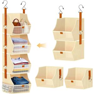 Fabric Hanging Closet Organizer Heavy Duty Shelf Hanging Storage Towel Clothes Sweater Jeans Bag Organizer For Closet For Bedroom,Dorm,RV,See Through Front Panel, Space-Saving (Beige-4Tier)