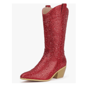 IDIFU IN3 Rhinestone Cowboy Boots for Women Mid Calf Sparkly Western Cowgirl Pointed Toe Booties Low Block Chunky Heel Glitter Country Cute Zipper Dress Booties Wedding Party Bling Shiny Boots Size 9.5