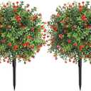 24inch Artificial Boxwood Topiary Ball Tree, Fake Bushes with Red Flowers, Faux Shrubs Plant with Ground Spike for Outdoor Indoor Yard Garden (Set of 2)