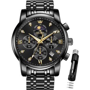 OLEVS Watch for Men Diamond Business Dress Analog Quartz Stainless Steel Waterproof Luminous Date Two Tone Luxury Casual Wrist Watch Blue (black watches 3655)