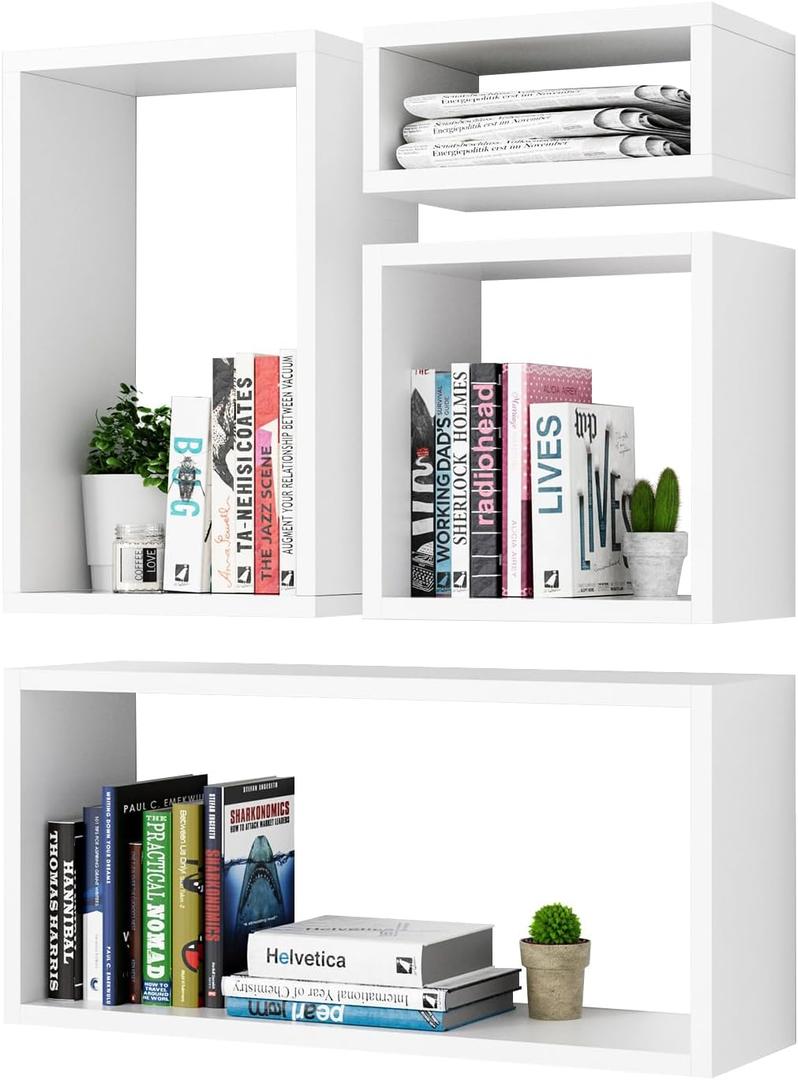 Kaboon Wall Mount Shelf Set of 4, Floating Cube Shelves for Space Discovery Home and Commercial Use, Large Size Shelves Set, White