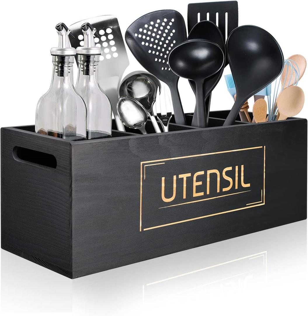 Utensil Holder Extra Large Utensil Organizer with 4 Compartments, Wooden Rustic Utensil Crocks for Kitchen Counter, Farmhouse Cooking Utensil Caddy Countertop Spatula Silverware Spoon Holder - Black