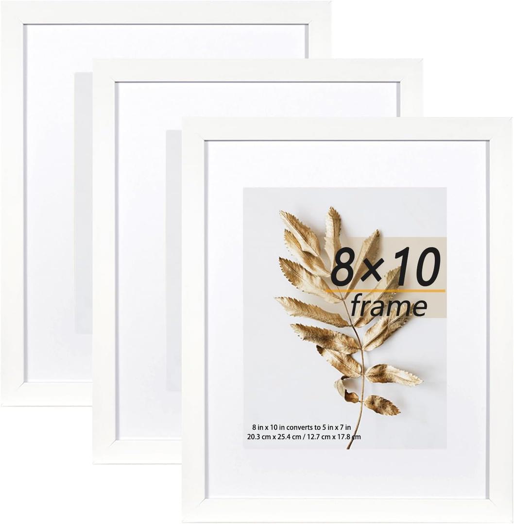 8x10 Picture Frame White 3 Pcs set can Display 5x7 Picture with Mat or 8x10 Without Mat on the Wall