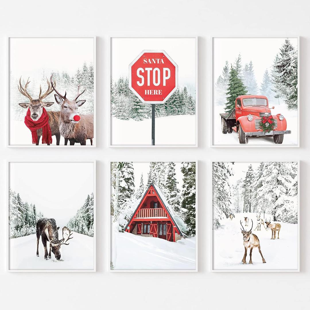 6 Pcs Winter Wall Art Prints Christmas Room Decor Scandinavian Natural Posters Snow Forest Frost Picture Deer Truck Mountain House Photo for Gallery Wall Home Office Nordic Dcor, 8x10", Unframed