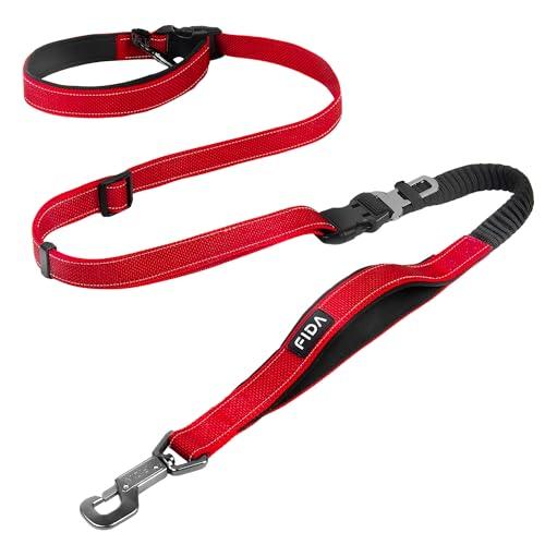Fida 6-in-1 Hands Free Dog Leash Heavy Duty, Reflective Wasit Corssbody Dog Leash with Car Seat Clip | Adjustable for Running Hiking | Shock Absorbing Bungee, Dual Padded Detachable Handles (Red)