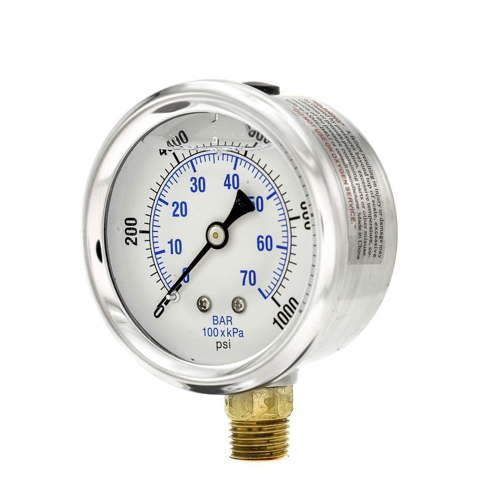 PIC Gauges PRO-201L-254M 0-1000 PSI Pressure Gauge, 2 1/2" Dial, 1/4" Male NPT Connection, Bottom Mount, Dual Scale, Glycerin Filled, Stainless Steel Case/Bezel, Brass Internals & Plastic Lens