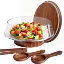 Extra Large Glass Salad Bowl with Lid Set, 5-Qt (160 fl oz) Mixing/Serving Bowl with Wood Base & Salad Servers, Trifle Bowl for Kitchen, Parties & Christmas