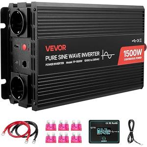 VEVOR 1500W Power Inverter, 12V DC to 120V AC Pure Sine Wave Inverter, Car Charger Converter with Remote Control, USB & Type-C Ports, 4 AC Outlets, Fast-Charging for RV, Truck Outdoor Camping
