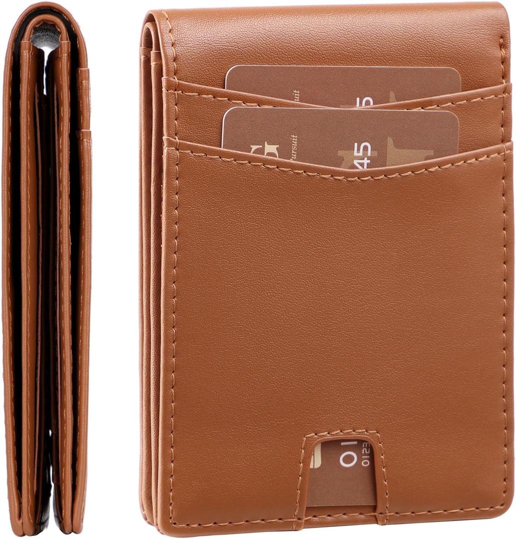 GSG Mens RFID Blocking Bifold Wallet Genuine Leather Slim Front Pocket Wallet with 10 Card Slots, Gift Box & Discreet Tracker Slot for AirTag or Similar Device, Black, Brown