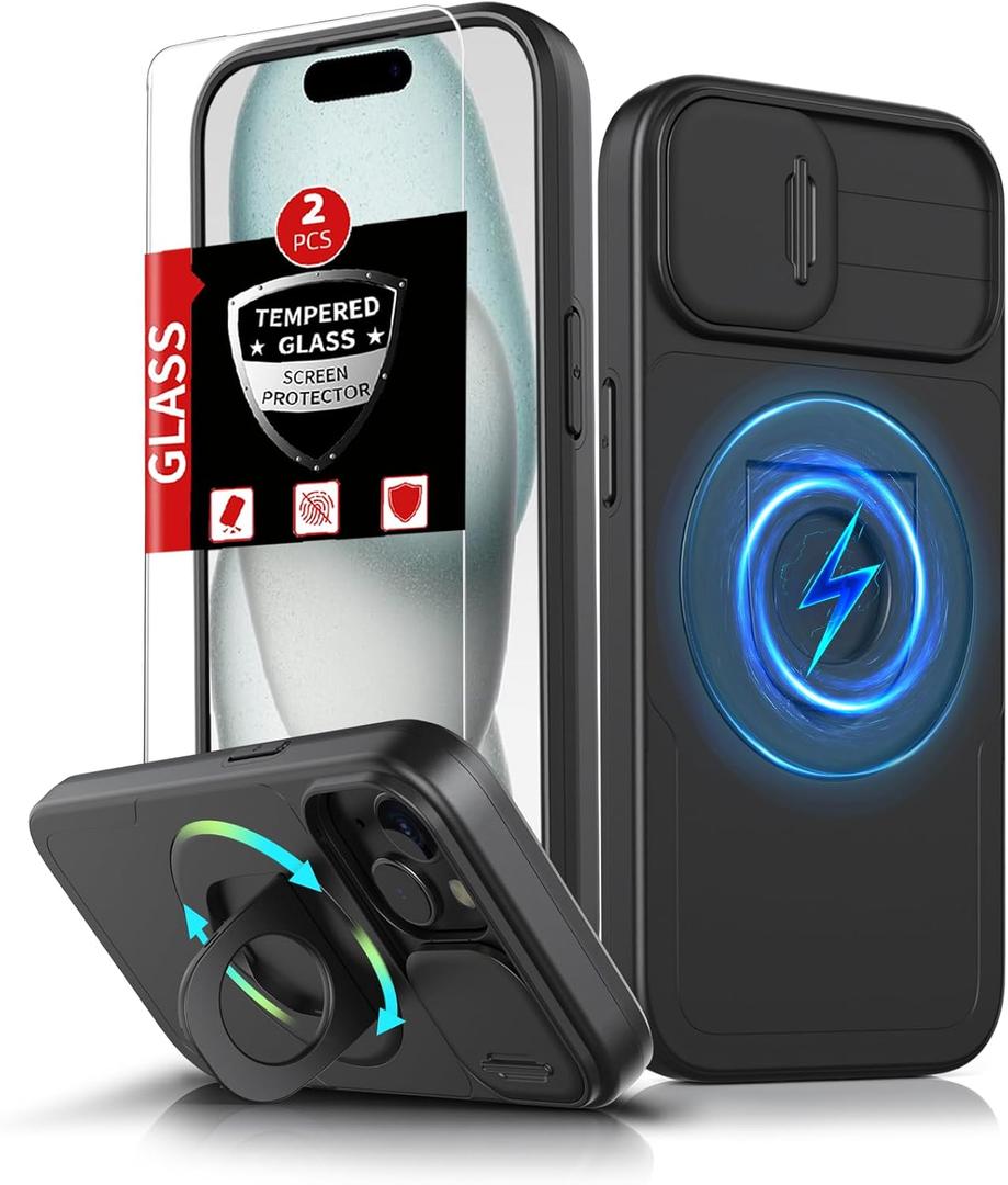 for iPhone 15 Case Magnetic Compatible with MagSafe Wireless Charging,with 2 Screen Protectors,Built-in Kickstand Ring,with Camera Cover Shock-Absorbent Shockproof Heavy Duty Protection Black