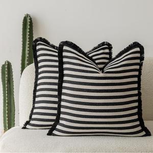 Komollocoe Farmhouse Boho Throw Pillow Covers 18x18 Inch Set of 2 for Couch Living Room Outdoor Bed Decorative Striped Tassels Accent Cushion Cases Spring Fall Decor (Black and White, 18x18 Inch)