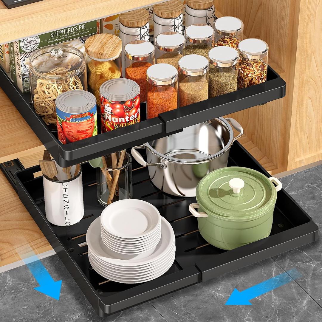 2 Pack Pull Out Cabinet Organizers Expandable (13''-19''), Plastic Slide Out Drawers for Kitchen, Bathroom, Pantry, Under Sink Storage, Pull Out Drawers Fixed with Adhesive Nano Film (Black)