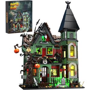 iATOM Haunted House Building Set with Lights, Halloween Mansion Building Toy for Adults, Gift for Christmas, Horror Village Town Architecture Include Pumpkin Skeleton Spooky Bat Cat, F-C9987