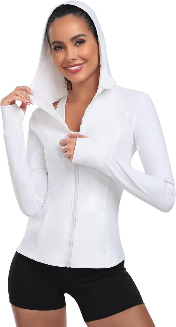Women's Hooded Athletic Full Zip Workout Jacket With Pockets Running Slim Fit Yoga Sportwear With Thumb Holes (X-Large, White)