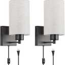 KOONTING® Plug in Wall Sconce Set of 2, Rustic Wall Lamp with Plug-in Cord and On/Off Toggle Switch, Linen Fabric Shade Wall Light Fixture for Headboard Bedroom Living Room Hallway (Circle-Linen)