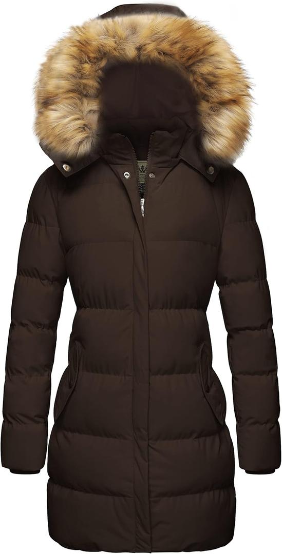 WenVen Women's Winter Thicken Puffer Coat Warm Jacket with Faux Fur Removable Hood (Large, Coffee)