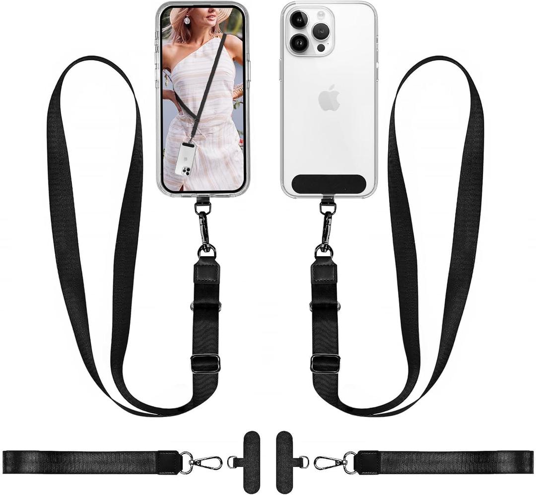 Phone Lanyard Set, 2 Crossbody Straps + 2 Wrist Straps + 4 Clips, Cell Phone Accessories for iPhone, Adjustable Chain, Durable Lanyard for Around The Neck & Hands-Free Use, Black