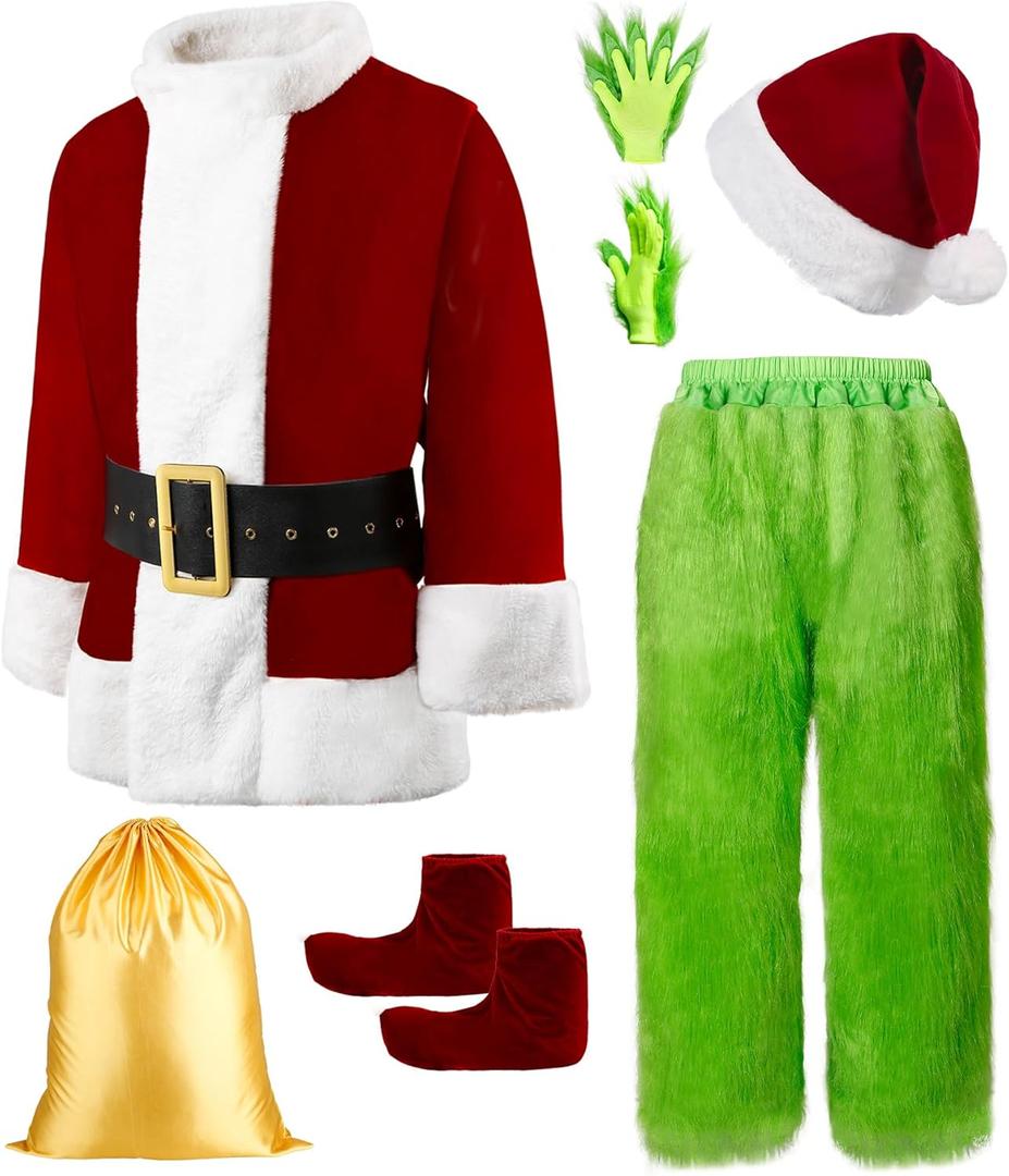 Semana Christmas Green Costume for Men 8 Pcs Furry Adult Santa Claus Costume Santa Suit (Large)