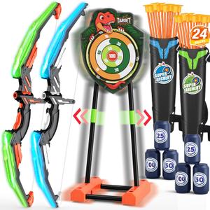 2 Pack Bow and Arrow with Moving Target for Kids, LED Light Up Archery Set with 24 Suction Cup Arrows, 6 Score Targets & 2 Quiver, Indoor Outdoor Sport Gifts for Boys Girls Ages 4-12