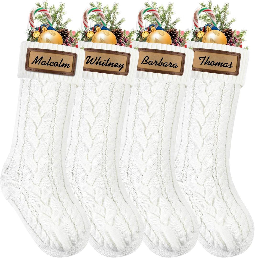 XOYTN 4Pack Christmas Stocking with Leather Patches18Inches Large White Custom Name Personalized Hanging Cable Knitted Xmas Stockings for Christmas Family Party Fireplace Decor