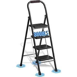 4 Step Ladder, Foldable Step Stool with Wide Anti-Slip Pedal & Thick Rubber Feet, Cushioned Handle, Safe-Lock Design, Folding Portable Ladder for Multi-Purpose, 800lb, Black Yellow