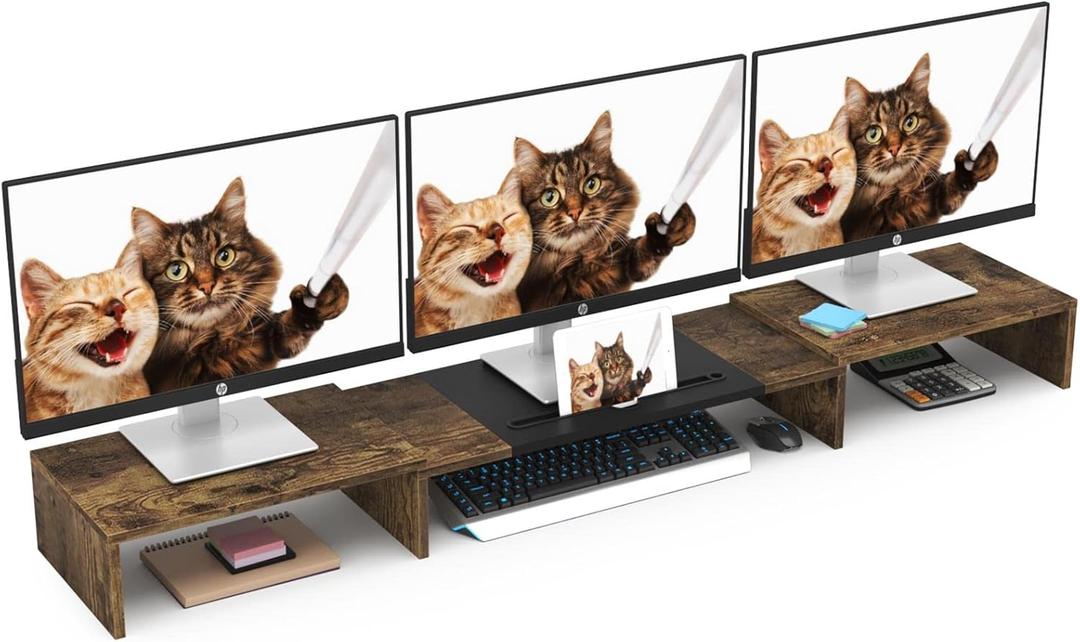WESTREE Triple Dual Monitor Stand Riser, Extra Long Monitor Stand for 1~2~3 Monitors, Monitor Stand with Length and Angle Adjustable, 3 Shelf Desktop Storage Riser for Monitor Computer Screen Laptop (brown)