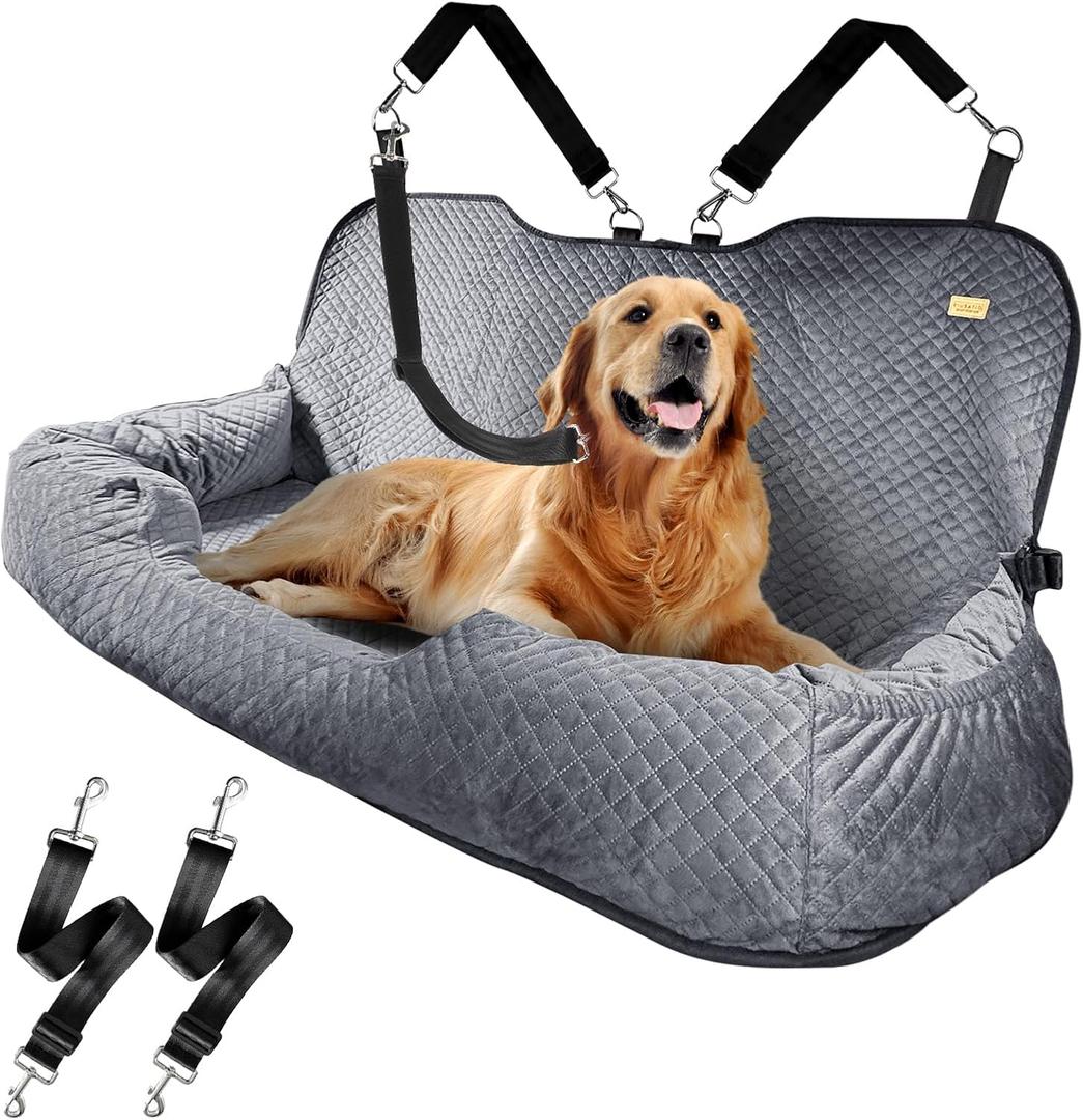 Large Dog Car Back Seat for 100lbs Dogs Pet Bed Car Seat Fully Detachable Washable Travel Safety with Storage Pocket Grey