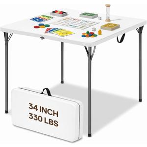 34" Square Folding Card Table, Fold-in-Half Portable Table, White