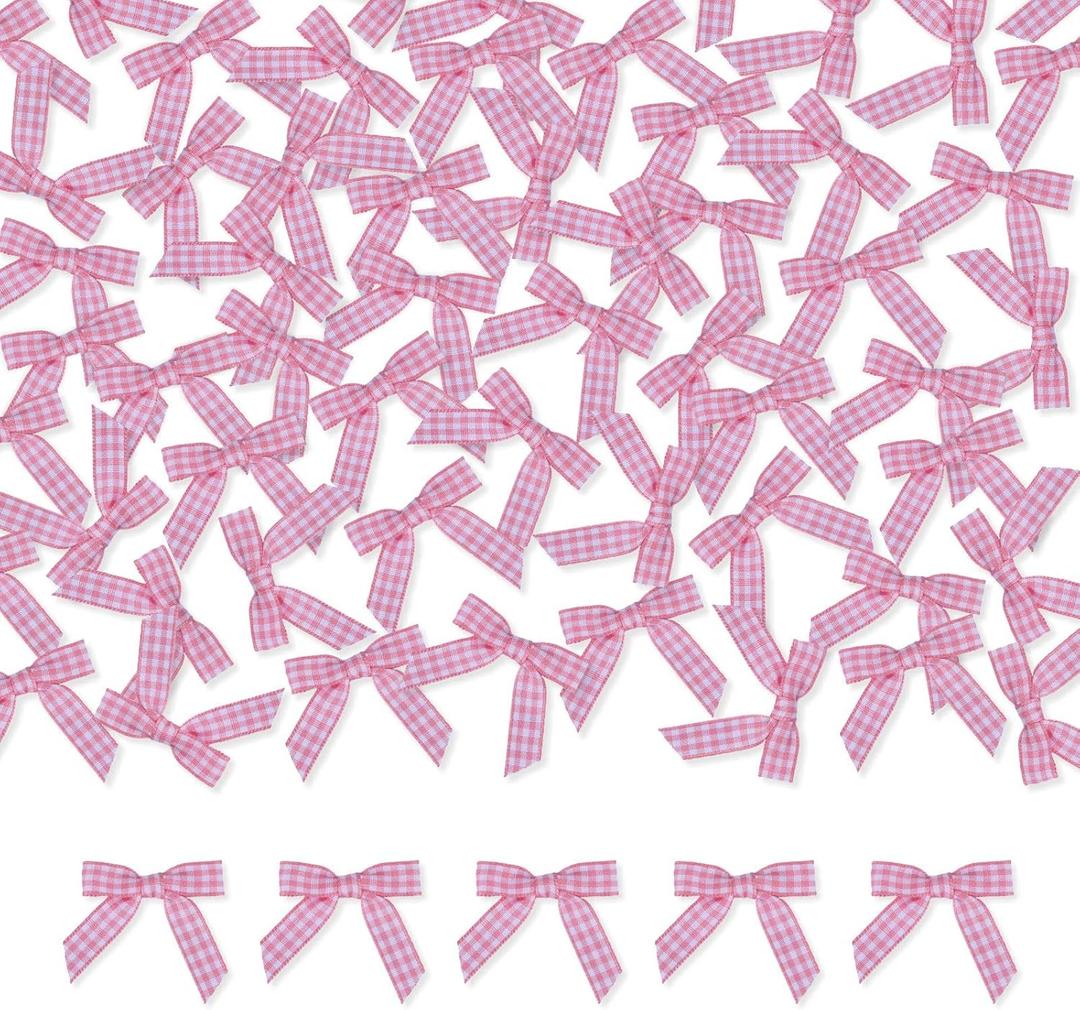 Meseey 100 Pcs 1.5 Inches Premade Gingham Craft Bows Self Adhesive Pink and White Plaid Satin Ribbon Bows for Treat Bags Gift Wrapping Basket Wedding Baby Shower Brithday Party(Pink and White Plaid)