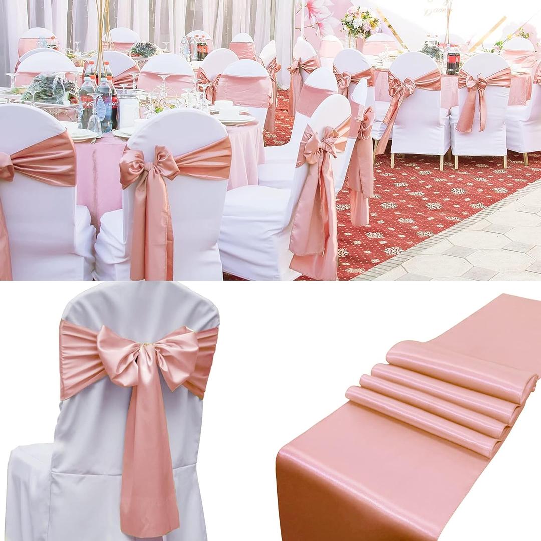 100 PCS Satin Chair Sashes Decorative Bow Chair Ribbon Bows Chair Cover Band Back Sashes Ties for Wedding Party Ceremony Reception Events Banquet Restaurant Home Kitchen Decor (7 x108 inch, Rose Gold)