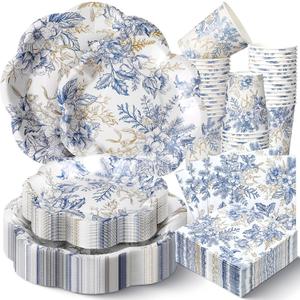 Newtay 250 Pcs Blue Floral Disposable Plates and Napkins Blue Gold Disposable Tableware Set for 50 Guests Paper Plates Napkins Cups for Wedding Bridal Shower Supplies