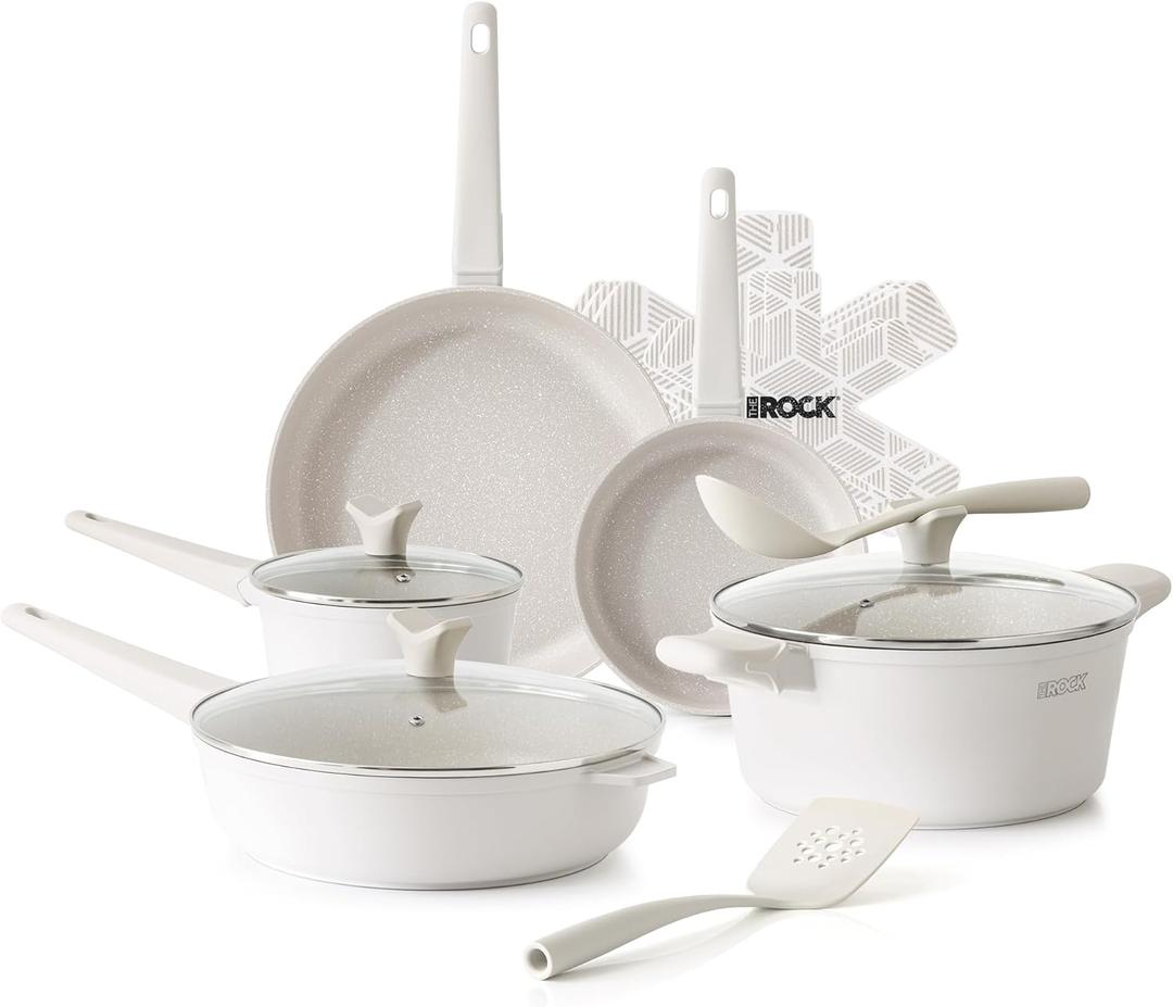 THE ROCK SOHO 15Pcs Ceramic Cookware Set  Non toxic Pots and Pans Set Non Stick with ROCK.TEC  Nothing Sticks, Never Warps, Lasts Longer, PTFE PFOA & PFAS Free, Induction & Dishwasher Safe, Cream