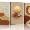 3Pcs Boho Sun and Moon Canvas Wall Art Abstract Poster Print Mid Century Modern Picture Earth Tone Minimalist Celestial Painting Wall Decor for Bedroom Living Room 16x24in Framed