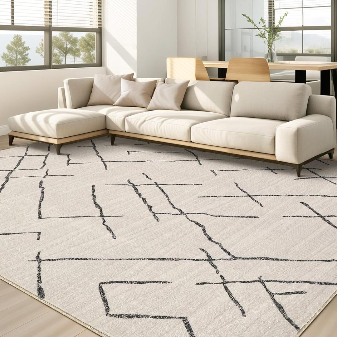 10x14 Washable Area Rug: Non Slip Soft Thin Carpet, Boho Geometric Modern Decor, Easy Clean Indoor Floor Large Rugs for Living Room Bedroom Kids Dorm Office Dining - Beige
