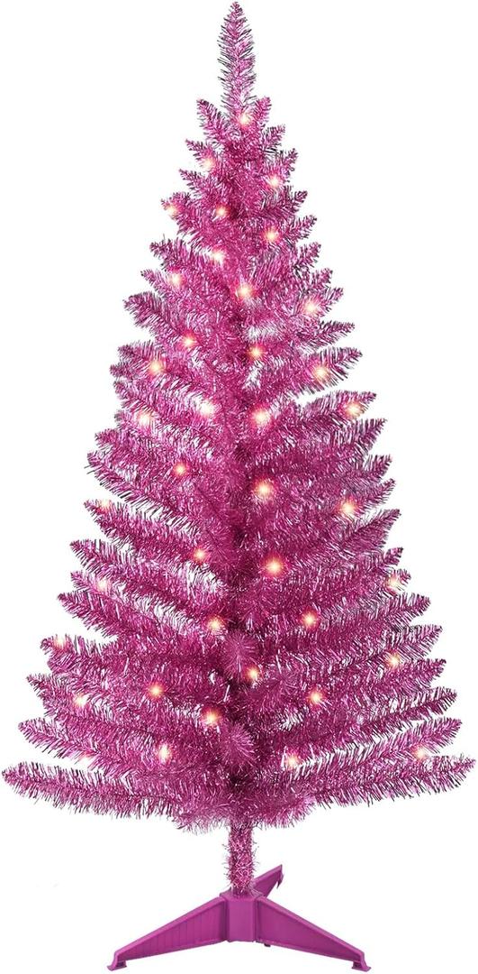 4ft Lighted Artificial Pink Christmas Tree, Not Pre-lit Pink Tinsel Pine Trees with Lights, Ideal for Ideal for Home, Office, and Xmas Party Dcor - Includes Stand